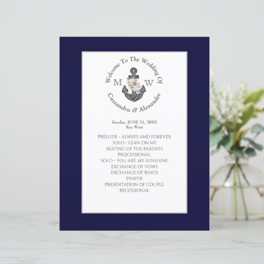 Nautical Navy Blue Floral Anker bruiloft programma (Staand voorkant)