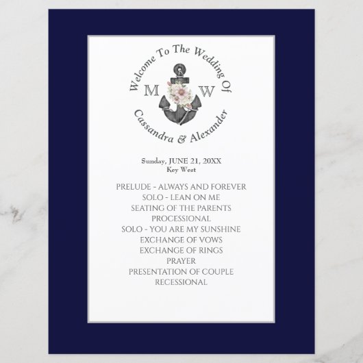 Nautical Navy Blue Floral Anker bruiloft programma (Voorkant)