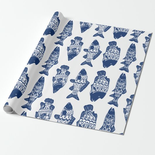 Nautical Navy Blue Floral Patterned Fish Cadeaupapier (Uitgerold)