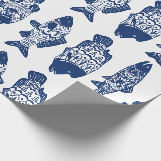 Nautical Navy Blue Floral Patterned Fish Cadeaupapier (Hoek)