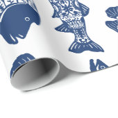 Nautical Navy Blue Floral Patterned Fish Cadeaupapier (Rol Hoek)
