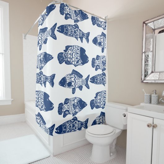 Nautical Navy Blue Floral Patterned Fish Douchegordijn (In situ)