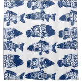 Nautical Navy Blue Floral Patterned Fish Douchegordijn (Voorkant)