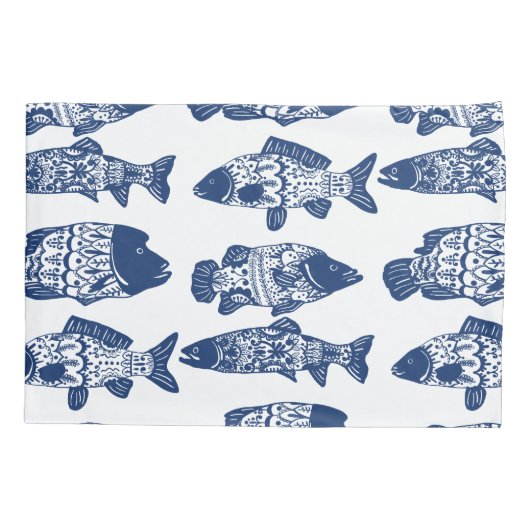 Nautical Navy Blue Floral Patterned Fish Kussensloop (Achterkant-Links)