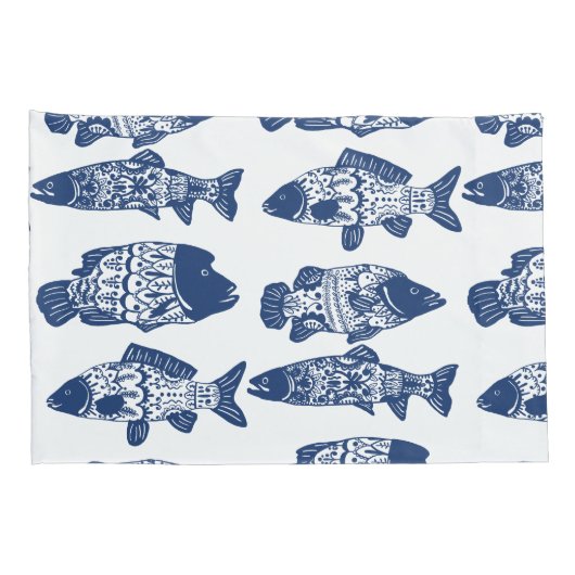 Nautical Navy Blue Floral Patterned Fish Kussensloop (Achterkant-Rechts)