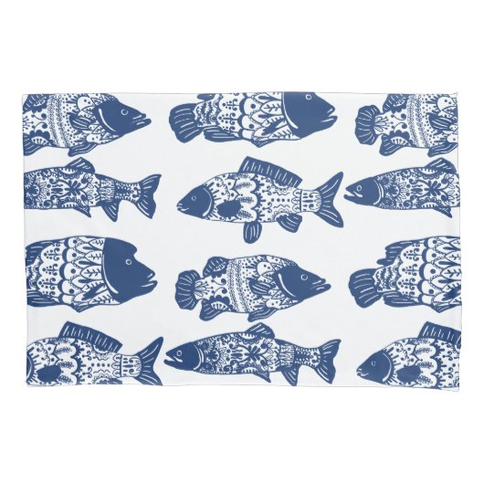 Nautical Navy Blue Floral Patterned Fish Kussensloop (Voorkant-Links)