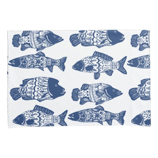 Nautical Navy Blue Floral Patterned Fish Kussensloop (Voorkant-Rechts)