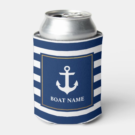 Nautical Navy Blue Gestreepte Anker Boot Naam Blikjeskoeler (Blikje Voorkant)