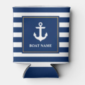 Nautical Navy Blue Gestreepte Anker Boot Naam Blikjeskoeler (Voorkant)