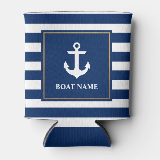 Nautical Navy Blue Gestreepte Anker Boot Naam Blikjeskoeler (Voorkant)