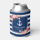Nautical Navy Blue Gestreepte roze bloemenbruiloft Blikjeskoeler (Blikje Voorkant)
