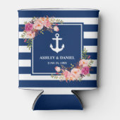 Nautical Navy Blue Gestreepte roze bloemenbruiloft Blikjeskoeler (Voorkant)