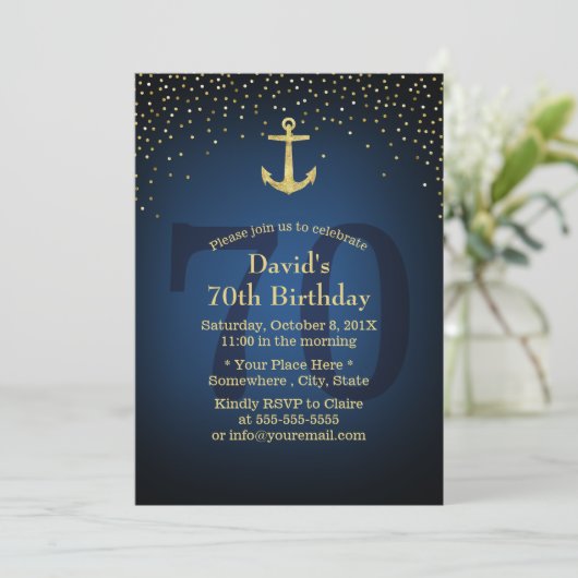 Nautical Navy Blue Gold Anchor 70e verjaardag Kaart (Staand voorkant)