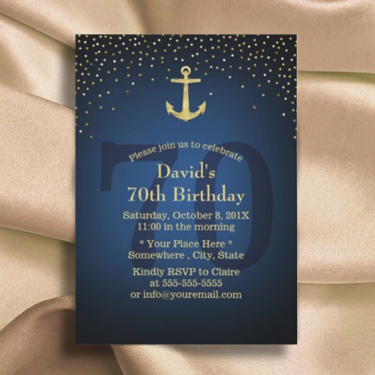 Nautical Navy Blue Gold Anchor 70e verjaardag Kaart