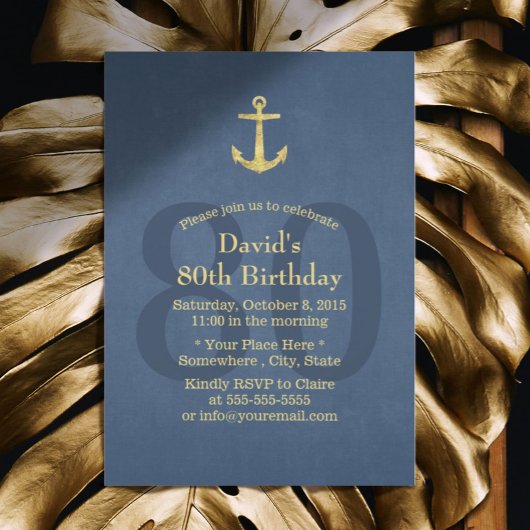 Nautical Navy Blue Gold Anchor 80th Birthday Party Kaart