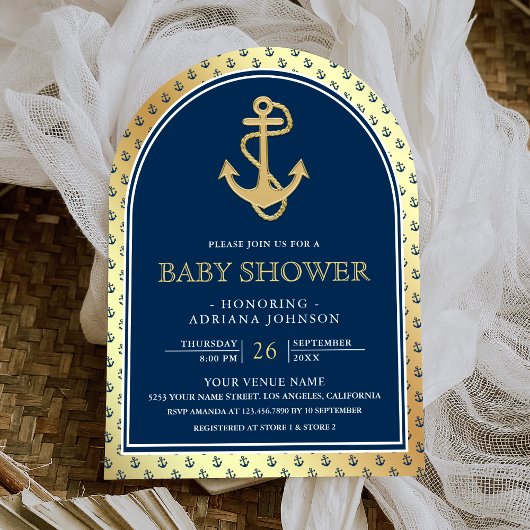 Nautical Navy Blue Gold Anchor Arch Baby shower Kaart
