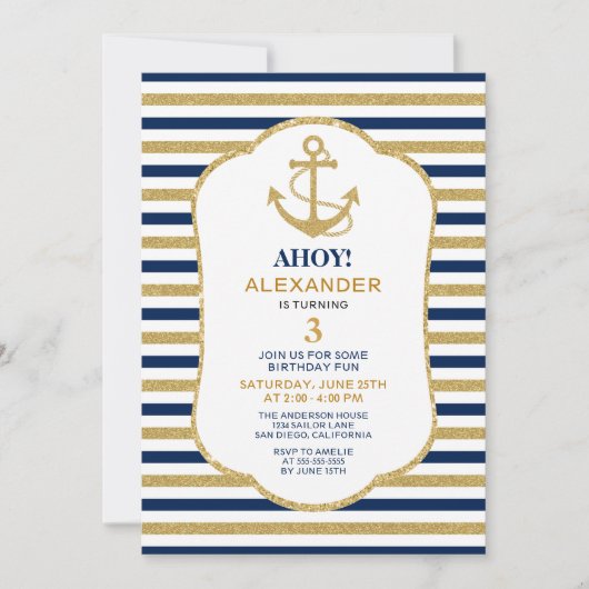 Nautical Navy Blue Gold Anchor Birthday Party Kaart (Voorkant)