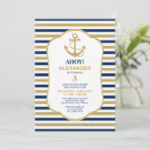 Nautical Navy Blue Gold Anchor Birthday Party Kaart (Staand voorkant)
