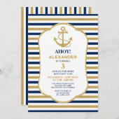 Nautical Navy Blue Gold Anchor Birthday Party Kaart (Voorkant / Achterkant)