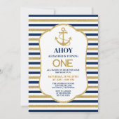 Nautical Navy Blue Gold Anchor Birthday Party Kaart (Voorkant)