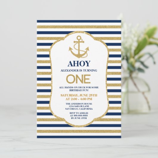 Nautical Navy Blue Gold Anchor Birthday Party Kaart (Staand voorkant)
