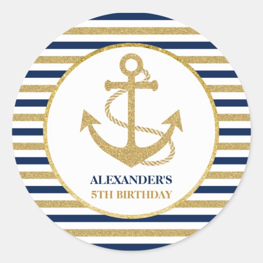 Nautical Navy Blue Gold Anchor Birthday Party Ronde Sticker (Voorkant)