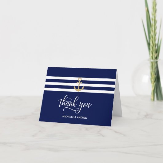 Nautical Navy Blue Gold Anchor Dank je huwelijk Kaart (Voorkant)
