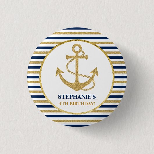 Nautical Navy Blue Gold Anchor Ronde Button 3,2 Cm (Voorkant)