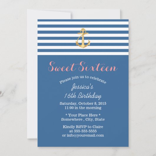 Nautical Navy Blue Gold Anchor Sweet 16 Kaart (Voorkant)