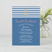 Nautical Navy Blue Gold Anchor Sweet 16 Kaart (Staand voorkant)