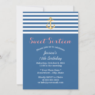 Nautical Navy Blue Gold Anchor Sweet 16 Kaart