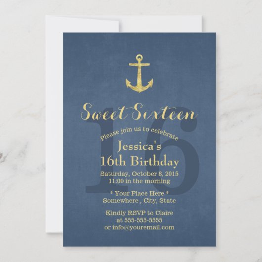 Nautical Navy Blue Gold Anchor Sweet 16 Kaart (Voorkant)