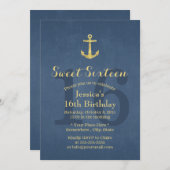 Nautical Navy Blue Gold Anchor Sweet 16 Kaart (Voorkant / Achterkant)
