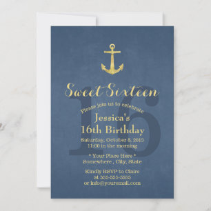 Nautical Navy Blue Gold Anchor Sweet 16 Kaart