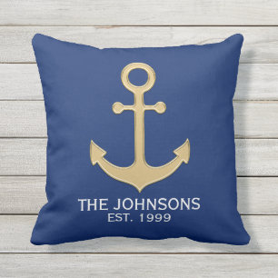 Nautical Navy Blue Gold Anchor White Family Buitenkussen