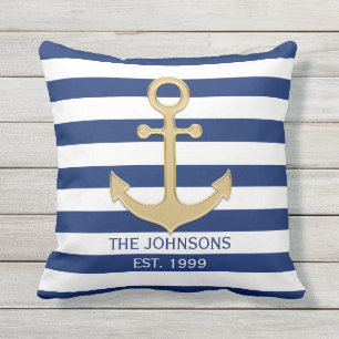 Nautical Navy Blue Gold Anchor White Stripes Buitenkussen