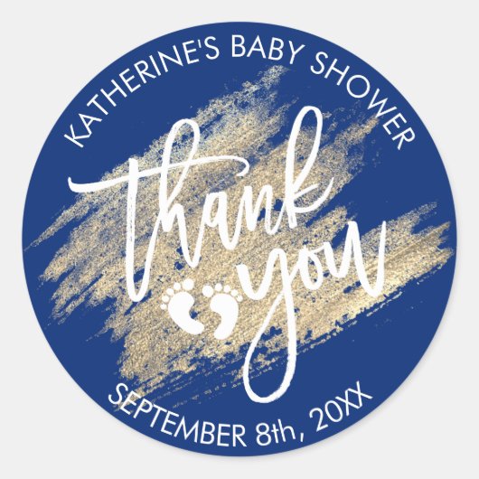 Nautical Navy Blue Gold Brush Stroke Baby shower Ronde Sticker (Voorkant)
