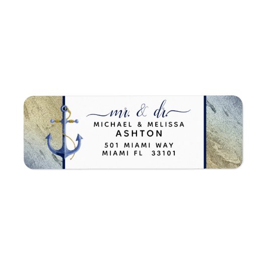 #Nautical Navy Blue Gold Modern Script Weddenschap Etiket (Voorkant)