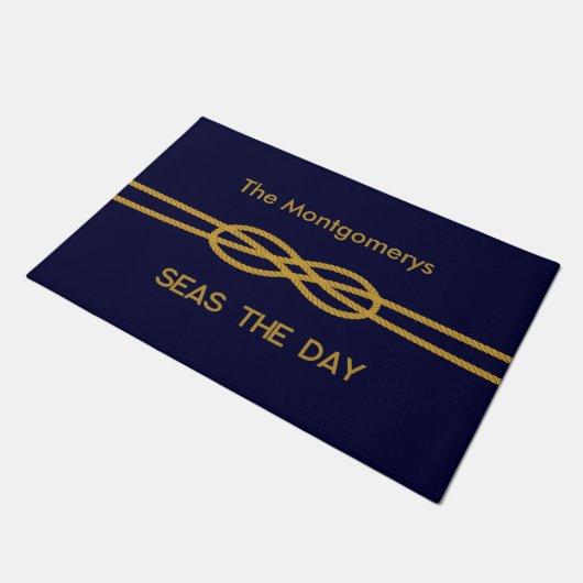 Nautical Navy Blue Gold Rope Custom Names Deurmat (Schuin)