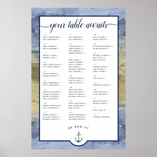 Nautical Navy Blue & Gold Seating Chart Poster (Voorkant)