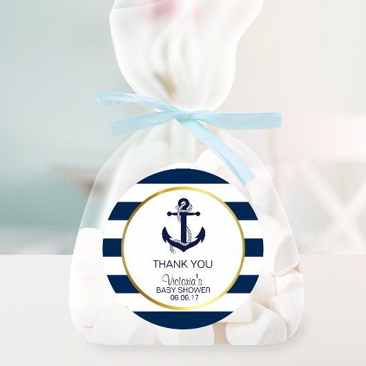 Nautical Navy Blue Gold Stripes Anchor Baby shower Ronde Sticker