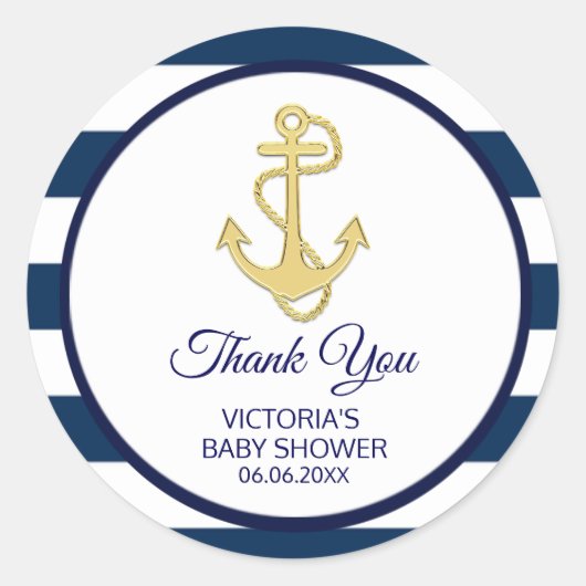 Nautical Navy Blue Gold Stripes Anchor Baby shower Ronde Sticker (Voorkant)
