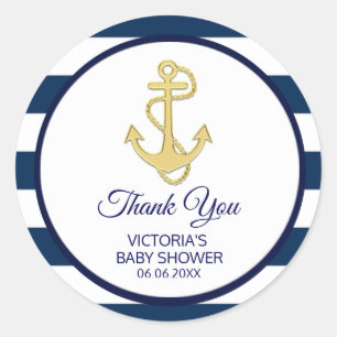 Nautical Navy Blue Gold Stripes Anchor Baby shower Ronde Sticker