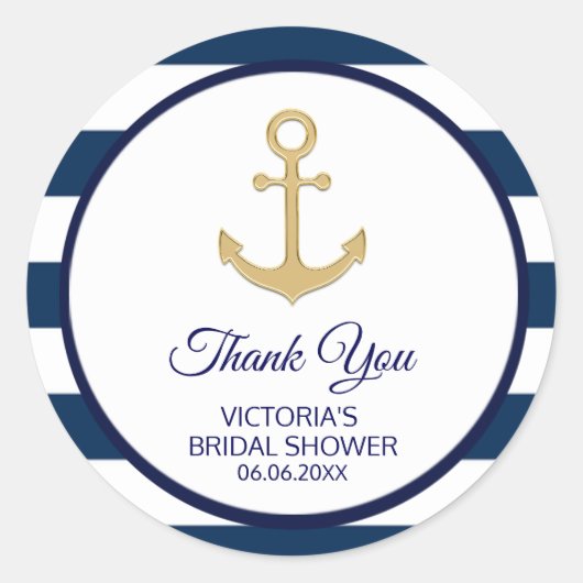 Nautical Navy Blue Gold Stripes Vrijgezellenfeest Ronde Sticker (Voorkant)