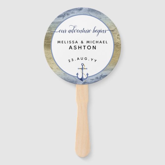 Nautical Navy Blue Gold Waterverf Weddenschap Handwaaier (Achterkant)