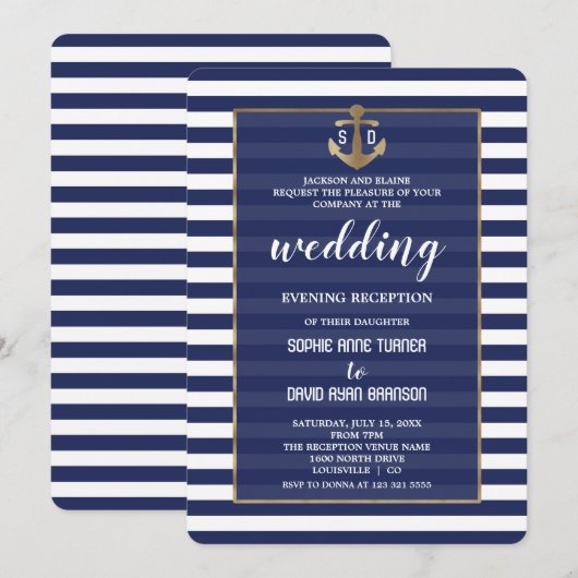 Nautical Navy Blue Gold Wedding Evening Kaart (Voorkant / Achterkant)