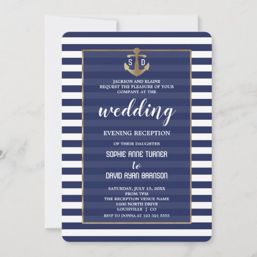 Nautical Navy Blue Gold Wedding Evening Kaart (Voorkant)