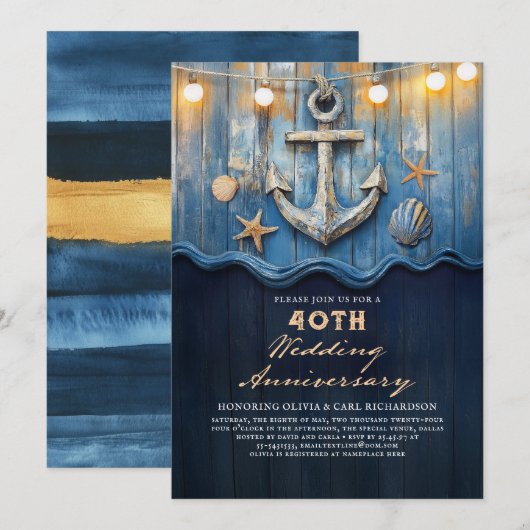 Nautical Navy Blue & Gold Wedding Jubileum Kaart (Voorkant / Achterkant)