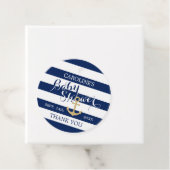Nautical Navy Blue Gold White Stripes Baby shower Bedankjes Labels (In situ)
