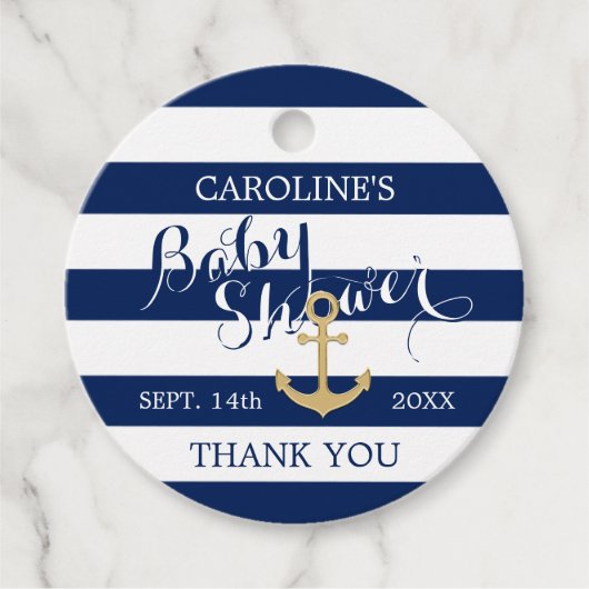 Nautical Navy Blue Gold White Stripes Baby shower Bedankjes Labels (Voorkant)